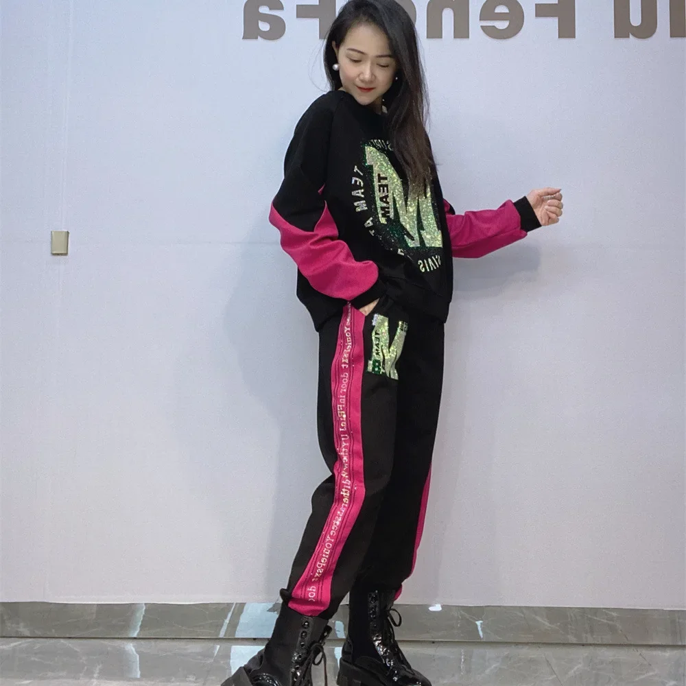 Colorful Diamonds Letter Patchwork Two Piece Sets Womens Outifits Loose Clothes Casual Side Stripe Tracksuit Tops and Long Pants