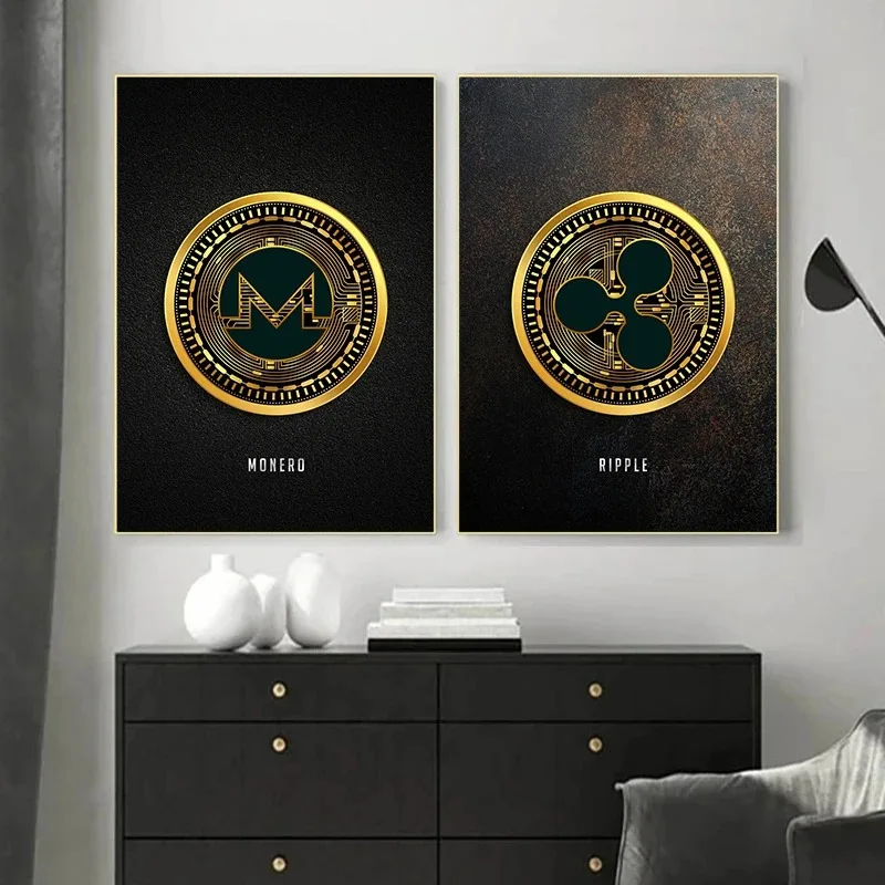 Golden Bitcoin Poster Monero Cardano Crypto Coins  ETH BTC Poster Print Canvas Painting Wall Art Living Room Home Decor