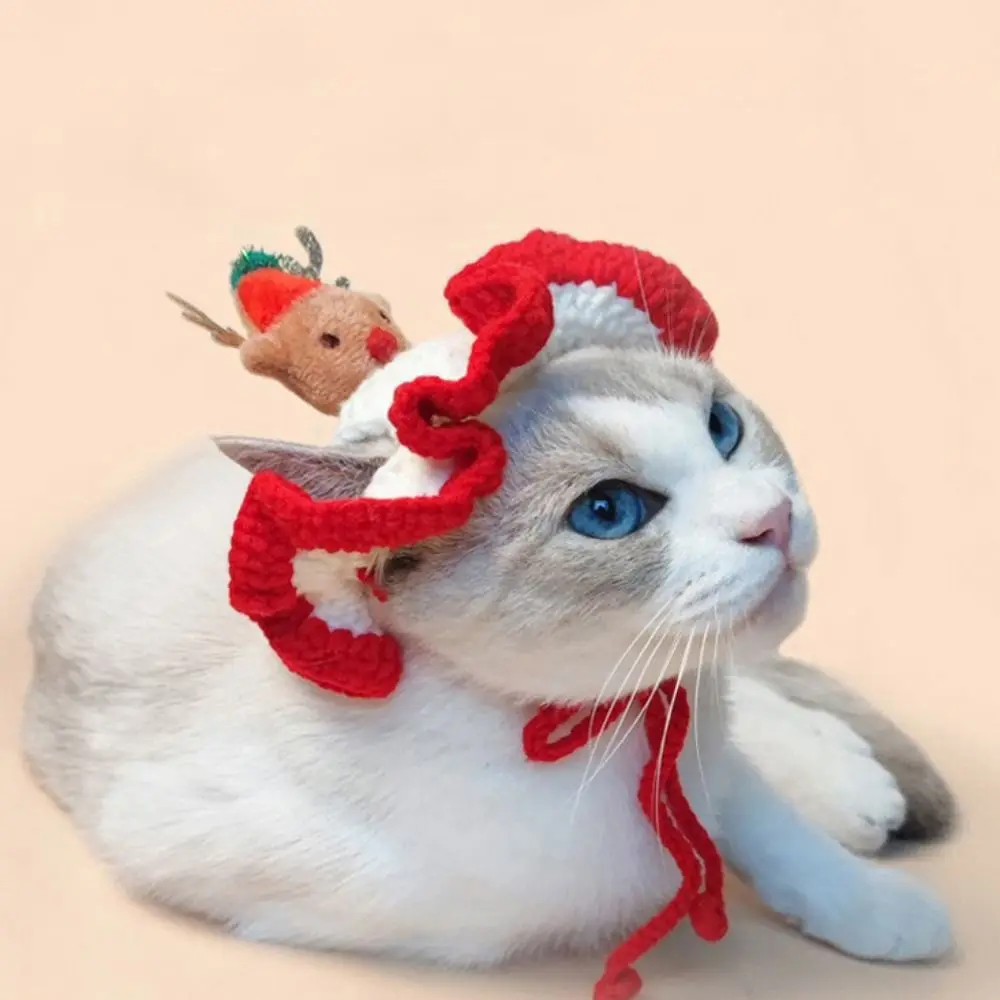 

Cartoon Christmas Tree Pet Headgear Santa Claus Handmade Cat Christmas Hat Adjustable Deer Pet Knitted Headwear Winter