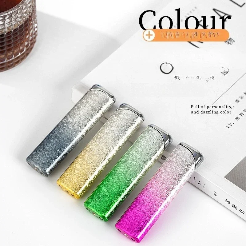 Portable Metal Gradient Ice Flower Inflatable Lighter Windproof Open Flame Butane Gas Lighter High End Women Smoking Gift