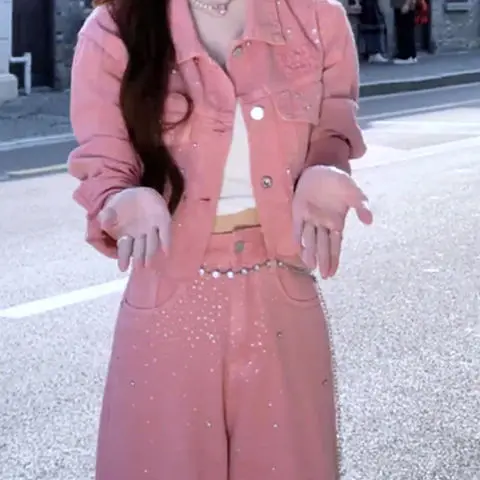 Korean high-quality temperament fashion pink denim suit women\'s autumn and winter new short coat high waist wide-leg pants