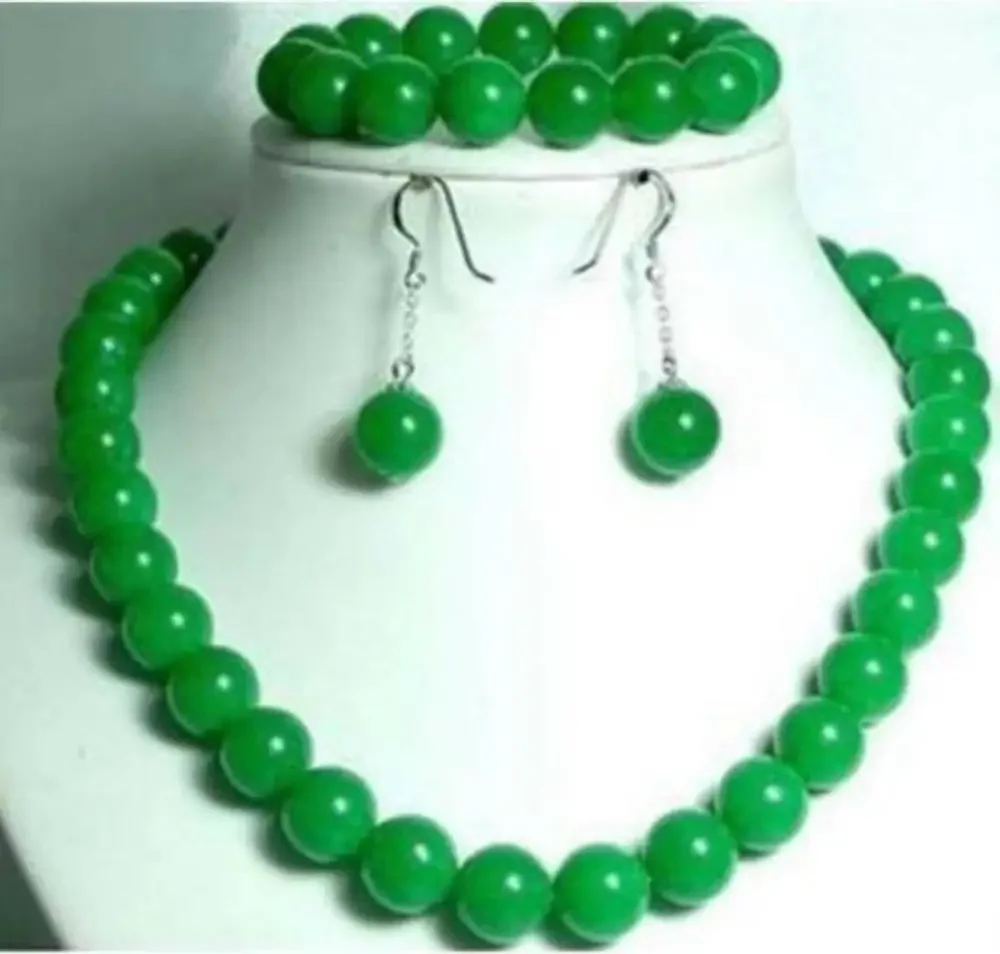 

10mm Green Jade Gemstone Beads Necklace 18'' Bracelet 7.5'' Set