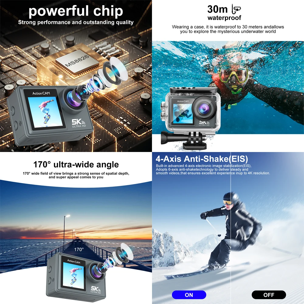 5K Action Camera 4K60FPS Dual IPS Touch LCD WiFi 170° 30M Waterproof 5X Zoom Anti-shake Sports Camera With Remote Control