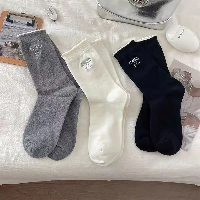 Women Bow Socks Korean Style Basic Cute Socks Bow Breathable Thin Spring White Lace Short Crew Sock Casual Simple Koran Socks