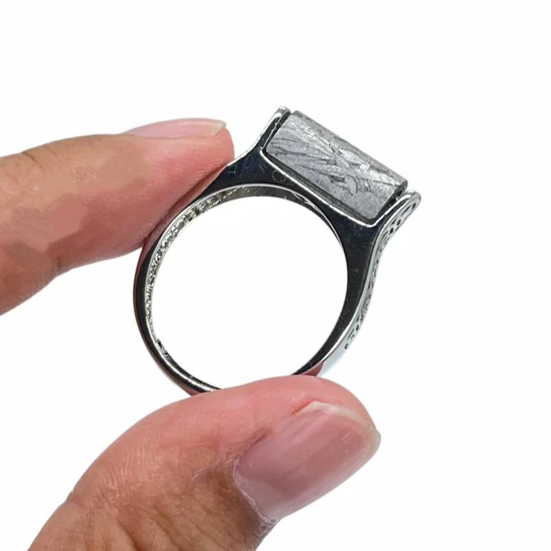 Natural Muonionalusta Iron Meteorite Square Ring Transparent Widmanstätten Pattern Alien Ring Gift Size Adjustable K63