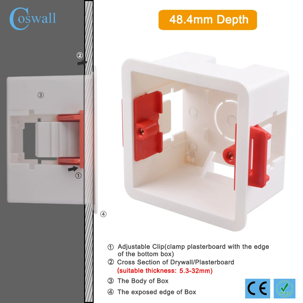 Coswall 86 Type Cassette 1/2 Gang Dry Lining Box For Gypsum Board / Drywall / Plasterboad 50mm Depth Wall Switch BOX Wall Socket