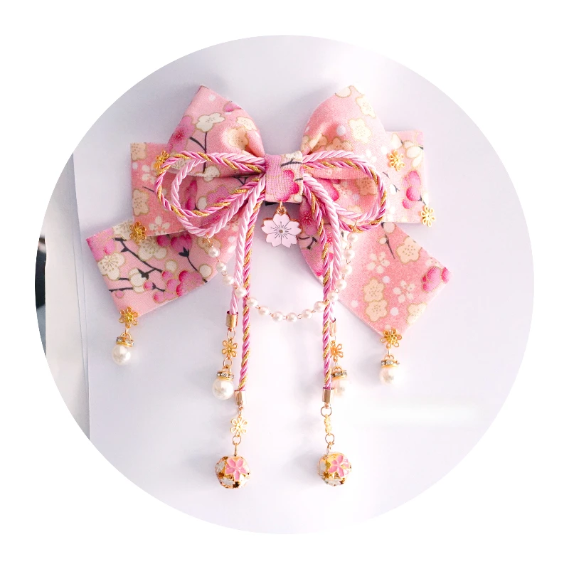 Bow hairpin Japanese kimono hair accessories Cherry blossom dress flower head accessories Fringe hairpin side clip