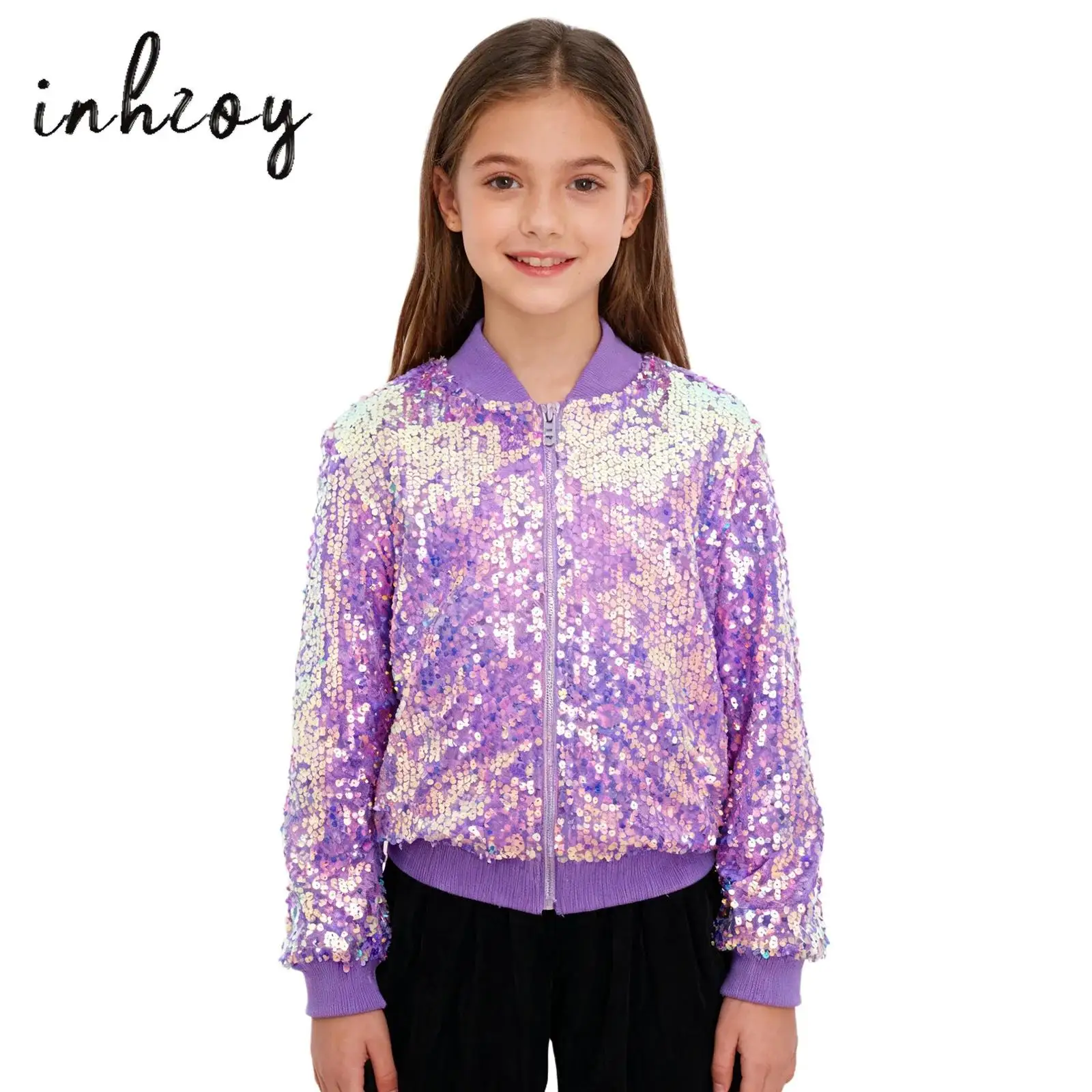 Veste à paillettes scintillantes pour enfants filles, haut de danse Jazz Hip-hop, manteau à fermeture éclair à manches longues pour salle de bal, spectacle sur scène, Streetwear