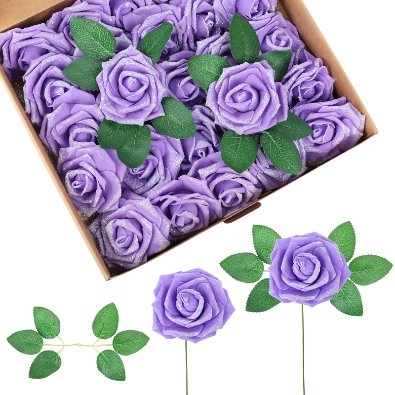 Artificial Foam Flowers 25pcs Glitter Roses With 5pcs Leaves Fake Roses For DIY Wedding Bouquets Bridal Shower Party Home Decor