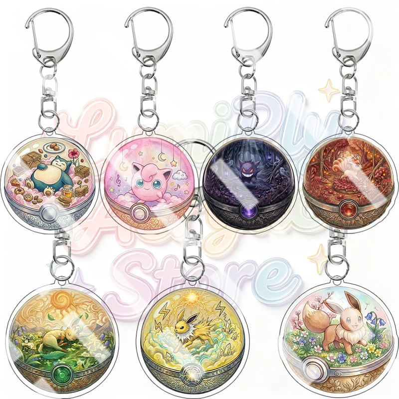 

Creative Vintage Crystal Pokeball Scene Acrylic Keychain Anime Jigglypuff Snorlax Gengar Vulpix Jolteon Eevee Cartoon Pendant