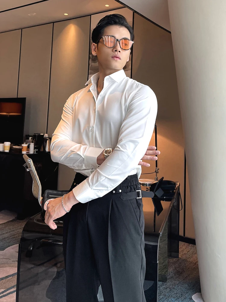 

American Style Pure Color Long Sleeve Men's Shirt No Ironing Slim Fit Business Formal Fashionable Youth Popular Spring Autumn