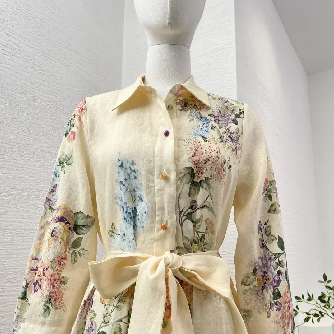 2024 Nieuwe Vrouwen Casual Lange Mouw Bloemenprint Shirt Taille Tie Hoge Kwaliteit Linnen Midi Jurk Lente Zomer