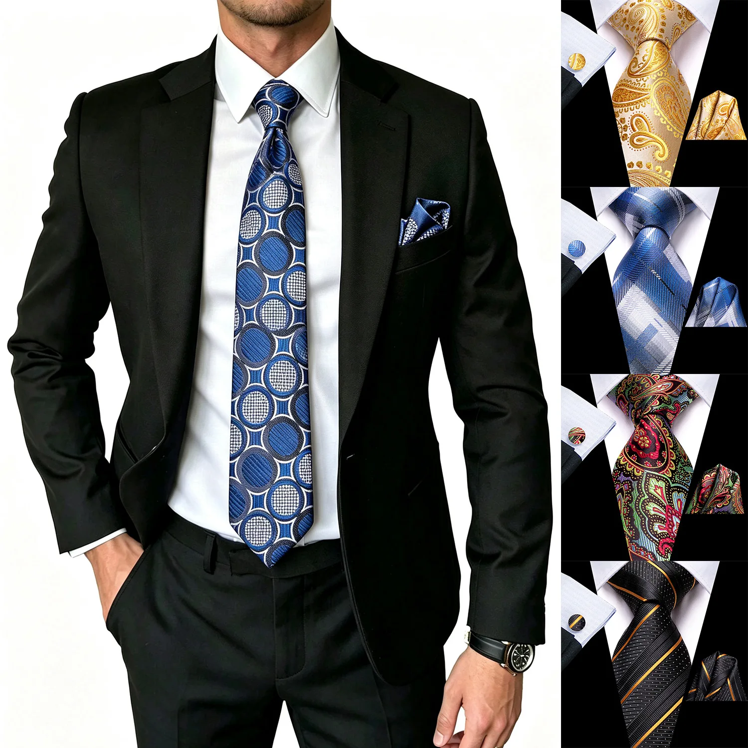 Circle Geometric Paisley Striped Mens Tie Kit 3 Piece, Cufflinks Pocket Square For All Occasions