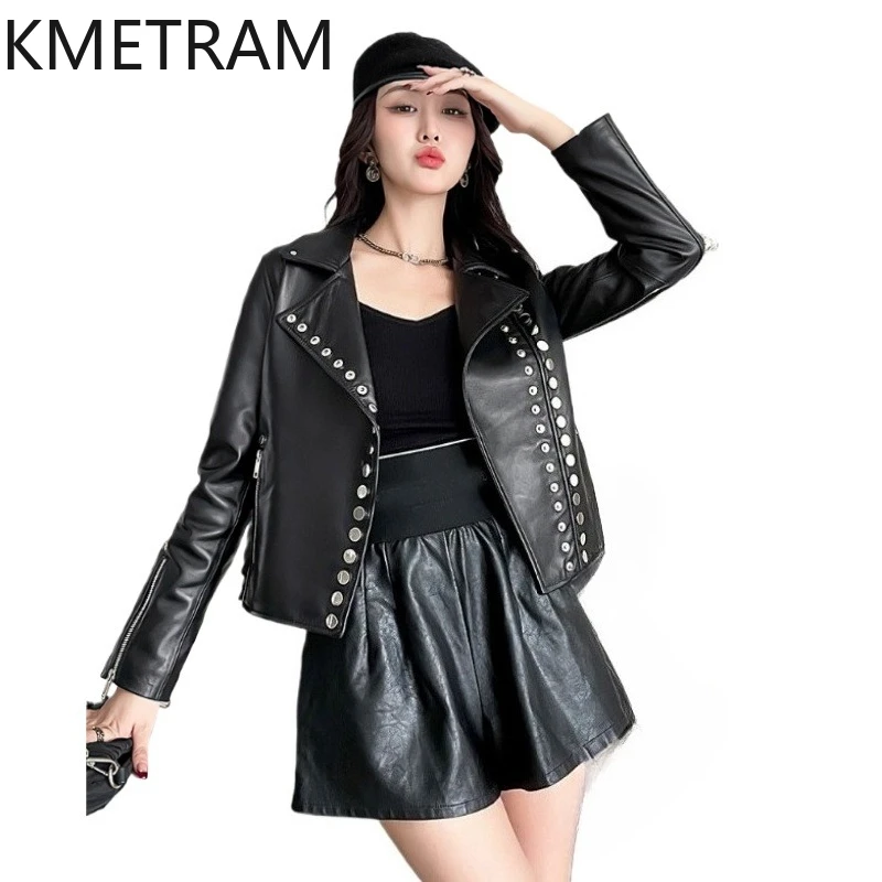 100% トップ層のシープスキンジャケット女性黒ショート本革ジャケットオートバイアウター秋服 2025 女性 정품급