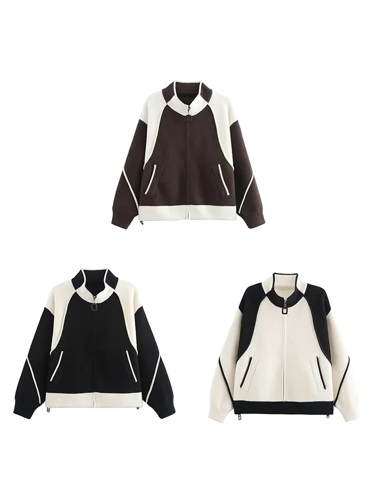 

LIBIELIY Women's 2024 Winter European And American Style Fashion Contrast Color Casual Stand Collar Zipper Sweater Jacket Coat