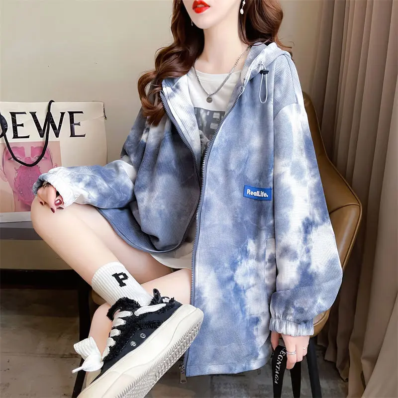 New Tie-dye Jacket Thin Sweatshirt Women High-end Mid-length Jacket Trendy