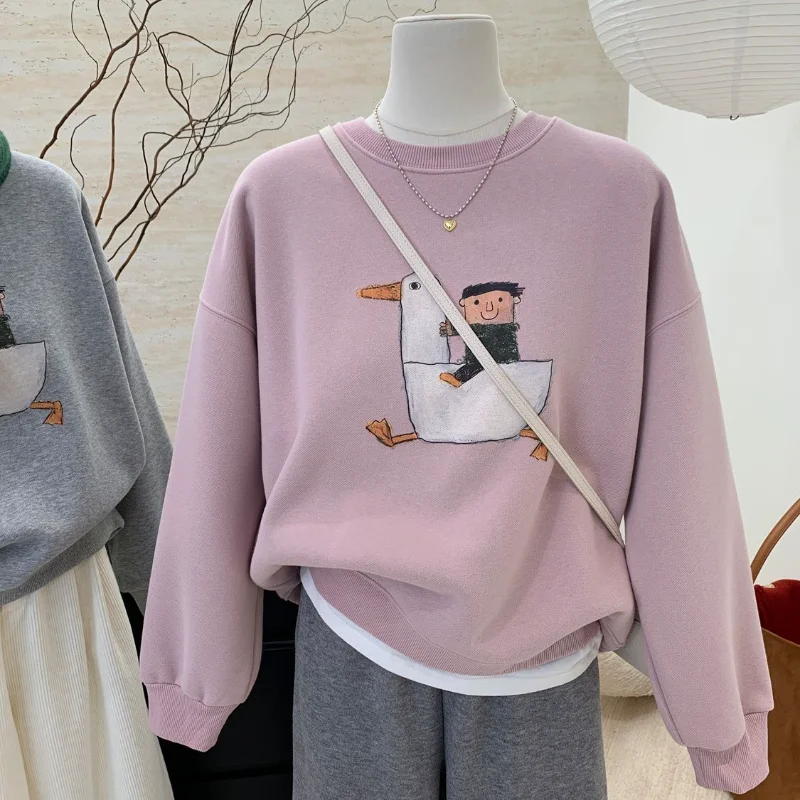 New autumn and winter cartoon pattern plus velvet thick loose warm thick casual short sweatshirt women's top