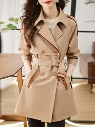 Solid Mid length Trench for Women Fall Winter 2023 New Vintage Turn Down Collar Long Sleeve Jacket Loose Double Breasted Coat