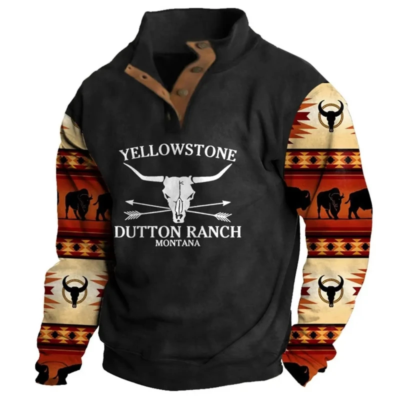 Vintage Hoodies For Men Yellowstone 3d Print Sweatshirts Men Clothing Oversized Hoodie Button Half Open Collar Sweatshirt Tops