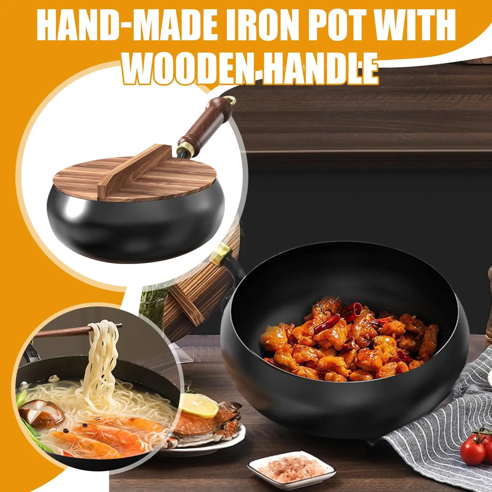 

Iron Cast Pot Cooking Wok With Anti-Scalding Handle Non-coating Iron Cookware Stock Pot Frying Pan For Restaurant home