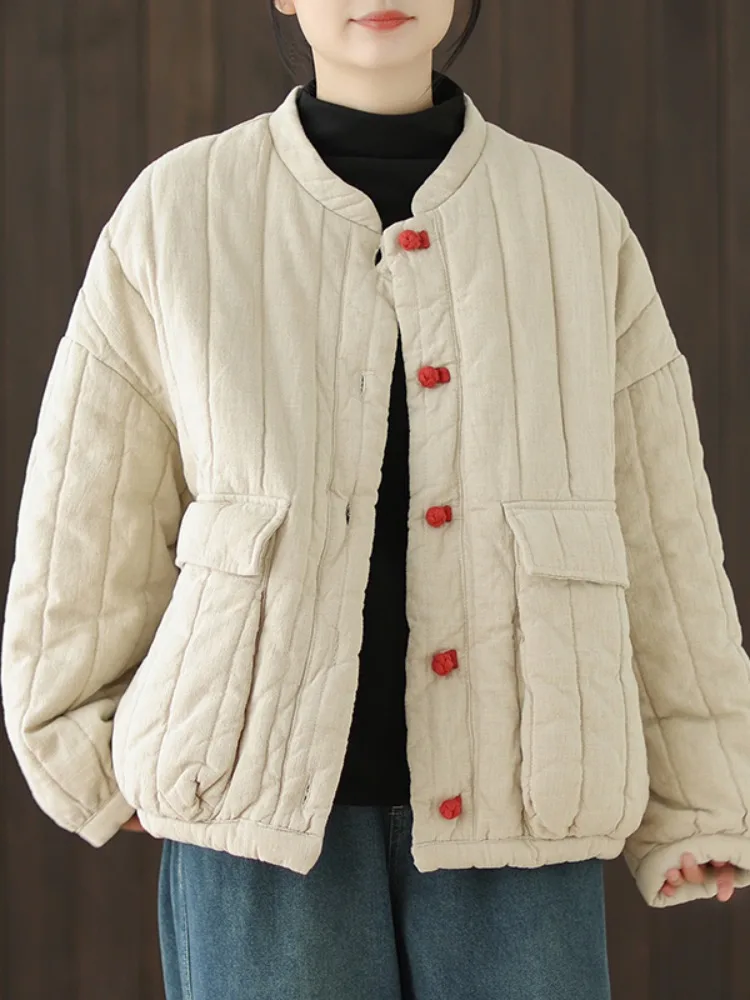 

Ele Collarl Cotton Jaet Women's Winter Faion Color Blo Disk Button Design Thiened Long Sve Artistic Sle