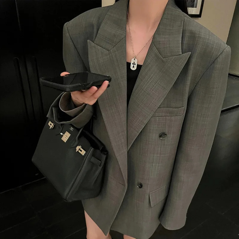 [MODX] Advanced Gray Plaid Suit Jacket, Fashionable Loose Mid Length Top, 2024 New Item