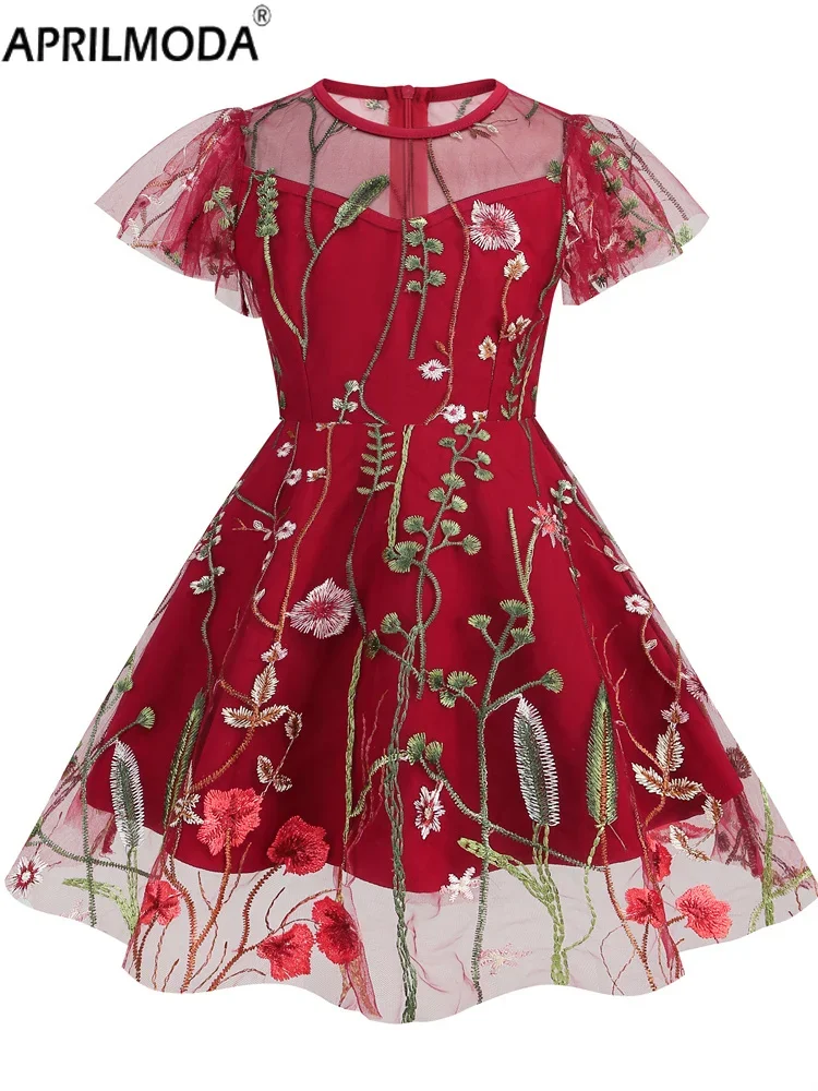 Little Girl Short Midi Long Mesh Embroidery Prom Cocktail Dress Flare Sleeve Child Red Summer A Line Patchwork Runway Dresses