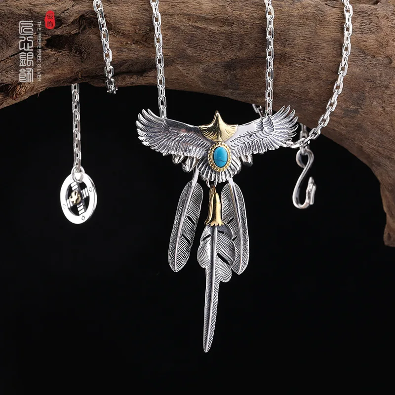 S925 Sterling Silver Feather Eagle Pendant Taijiao Chain Street Shoot Hip Hop Same Style Necklace Sweater Chain