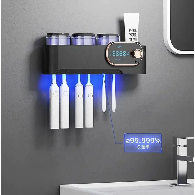 charge portable toothbrush sanitizing holder automatic sterilizer toothpaste dispenser