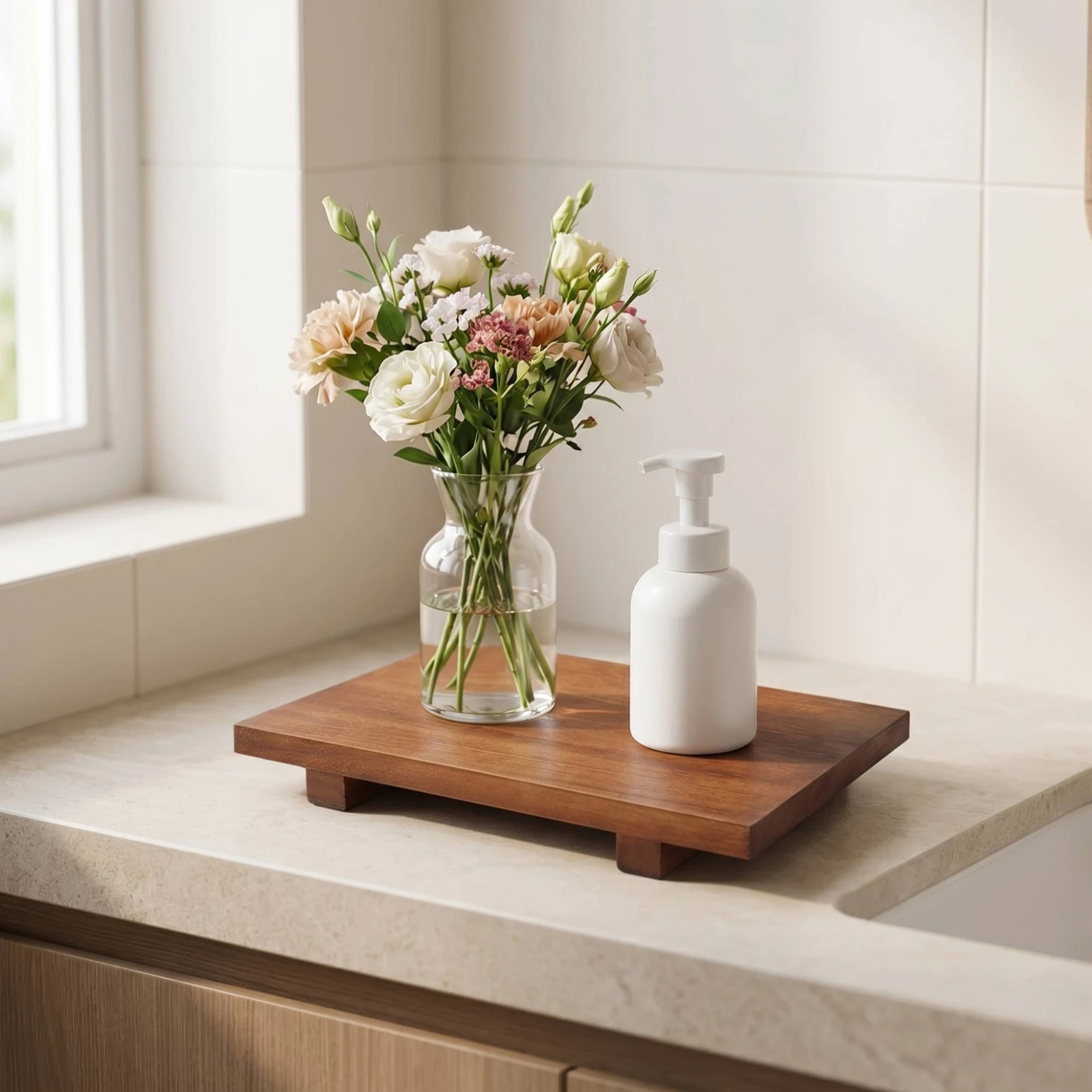 Paulownia Wood Tray Low-Height Wood Base Tray Wooden Stand with Feet Compact Counter Display Riser Decorative for Vanity