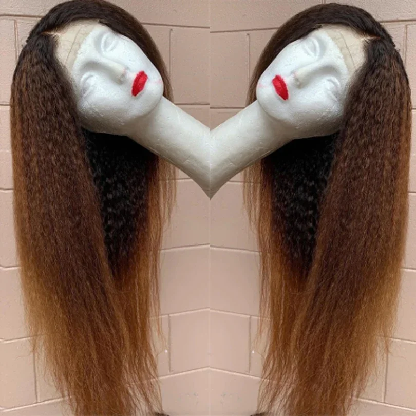24Inch Long Glueless Kinky Straight Yaki Natural ombre brown Soft 13x4 Lace Front Wig For Women With Baby Hair Preplucked Daily