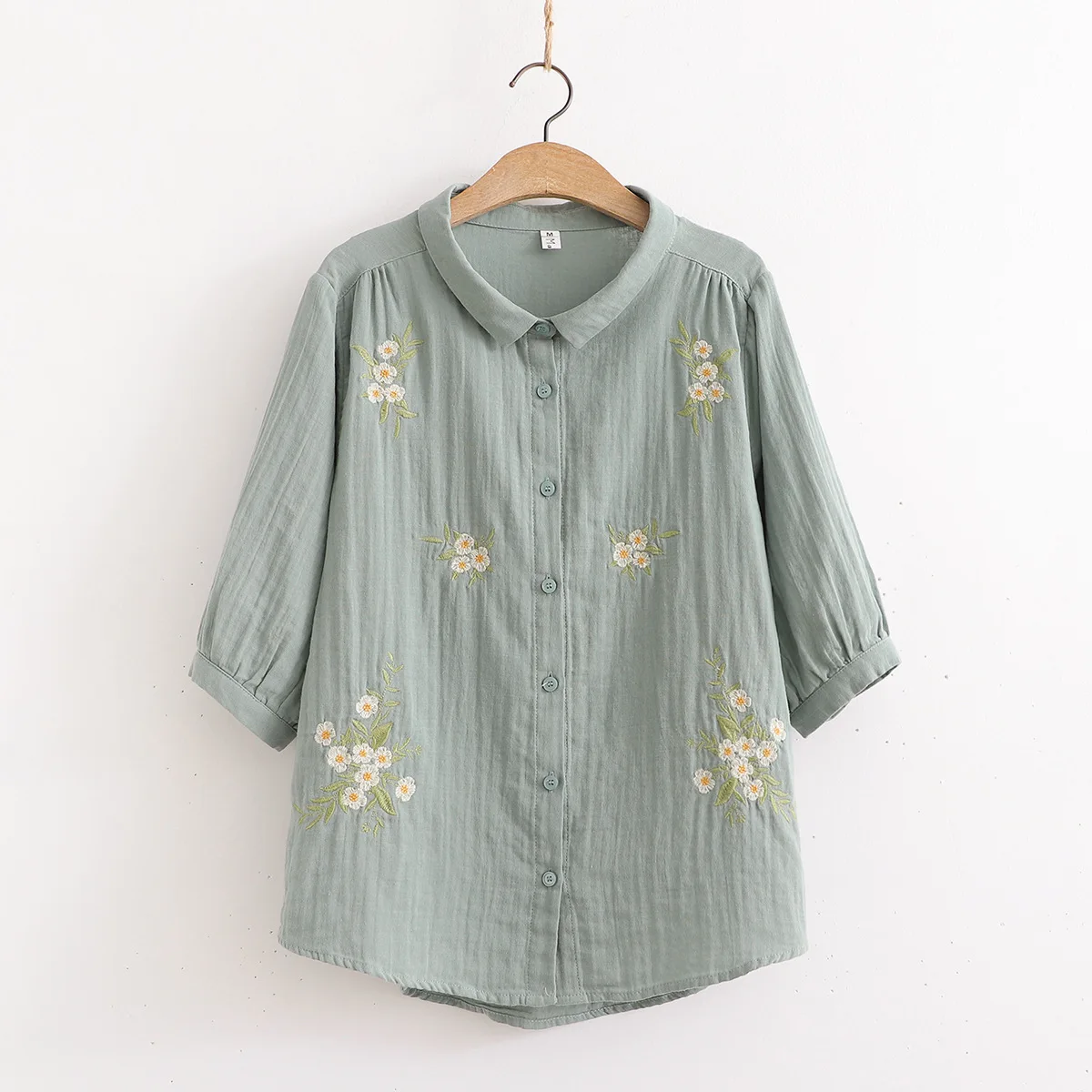 100% Cotton yarn large size tops women summer 3/4 sleeves lapel floral embroider shirts blouses middle aged women clothing