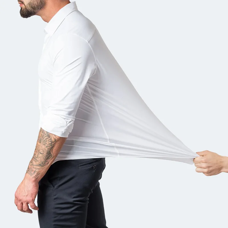 Men's Solid Shirt Long Sleeve Autumn High Elasticity Casual Wrinkle  No ironing Business Formal