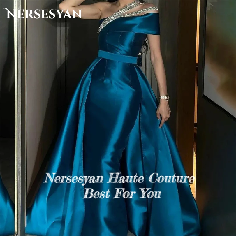 Nersesyan Fashion Blue Satin Mermaid Evening Gowns Shiny One Shoulder Party Dresses Floor-Length Special Occasion Dress 2023