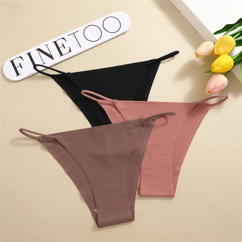 FINETOO 3PC Ice Silk Underwear for Women Sexy Seamless Briefs Low Waist Stretch Bikini Panties Female Solid Comfortable Lingerie