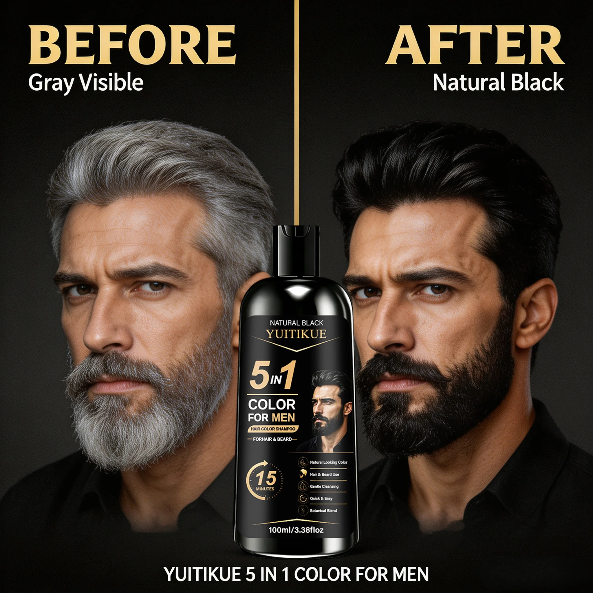 YUITIKUE 5 in 1 Hair Color Shampoo for Men Natural Black Covers Gray Hair Beard Dye 100ml