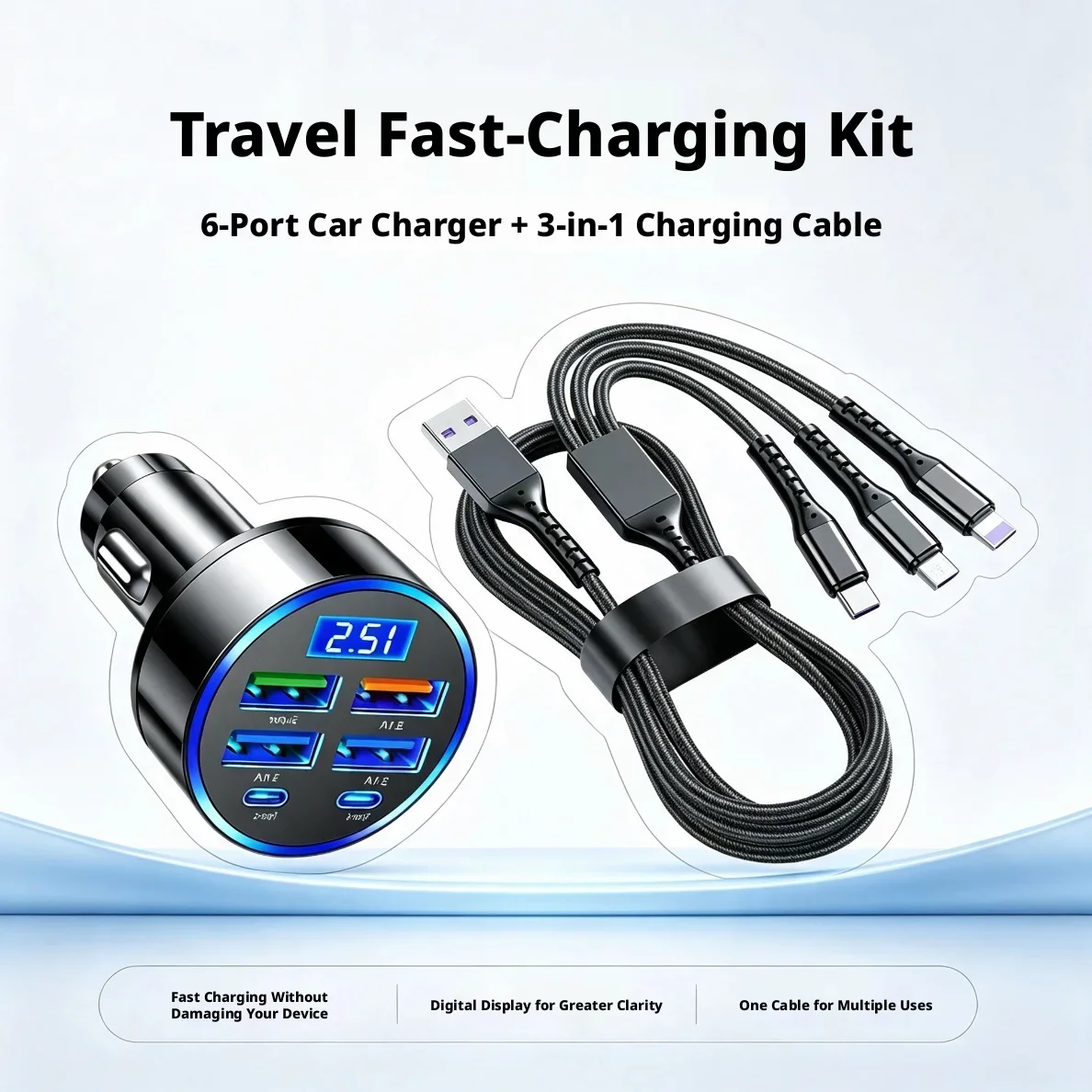 Multi-Device Car Charging Combo 6 Port Digital Display Fast Charge Car Charger Adapter 3-in-1 Charging Cable for All Cell Phones