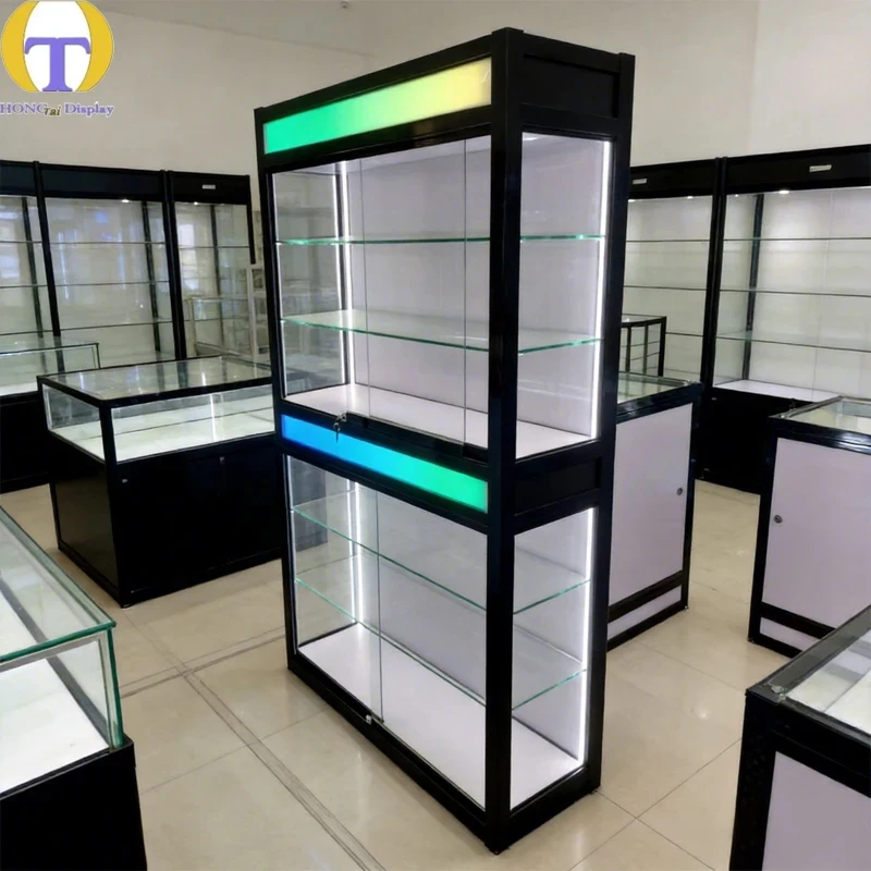 custom.HongTai Eco-Friendly Waterproof Heavy Duty Cigar Display Tempered Glass Shelves Bright LED Lighting Showca