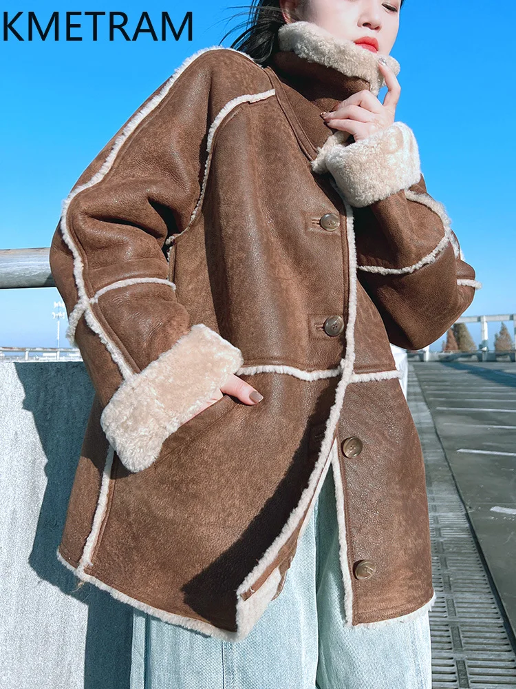 Damska kurtka z prawdziwej wełny owczej, dwustronna, w stylu vintage, brązowa, motocyklowa, zimowa odzież damska 2025 шуба женская