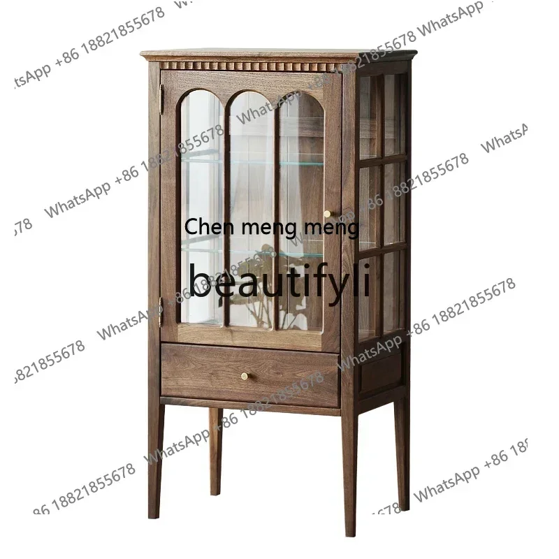

Retro glass black walnut figure cabinet solid wood TV cabinet with lamp wine cabinetK182