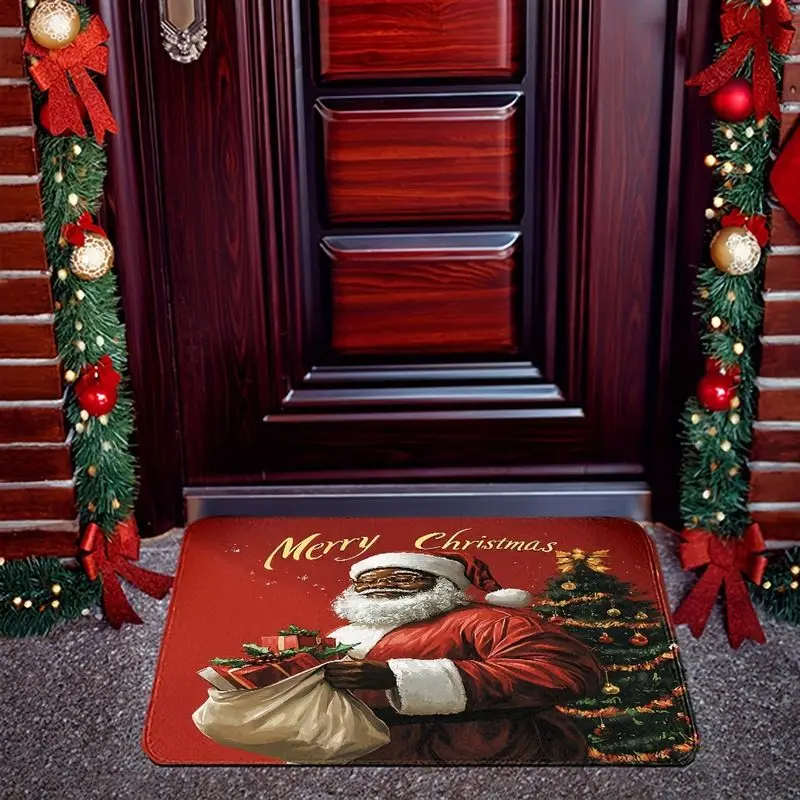 VIKAMA Merry Christmas Santa Doormat African American Santa Welcome Mat Non Slip Flannel Floor Rug for Front Door Xmas Holiday