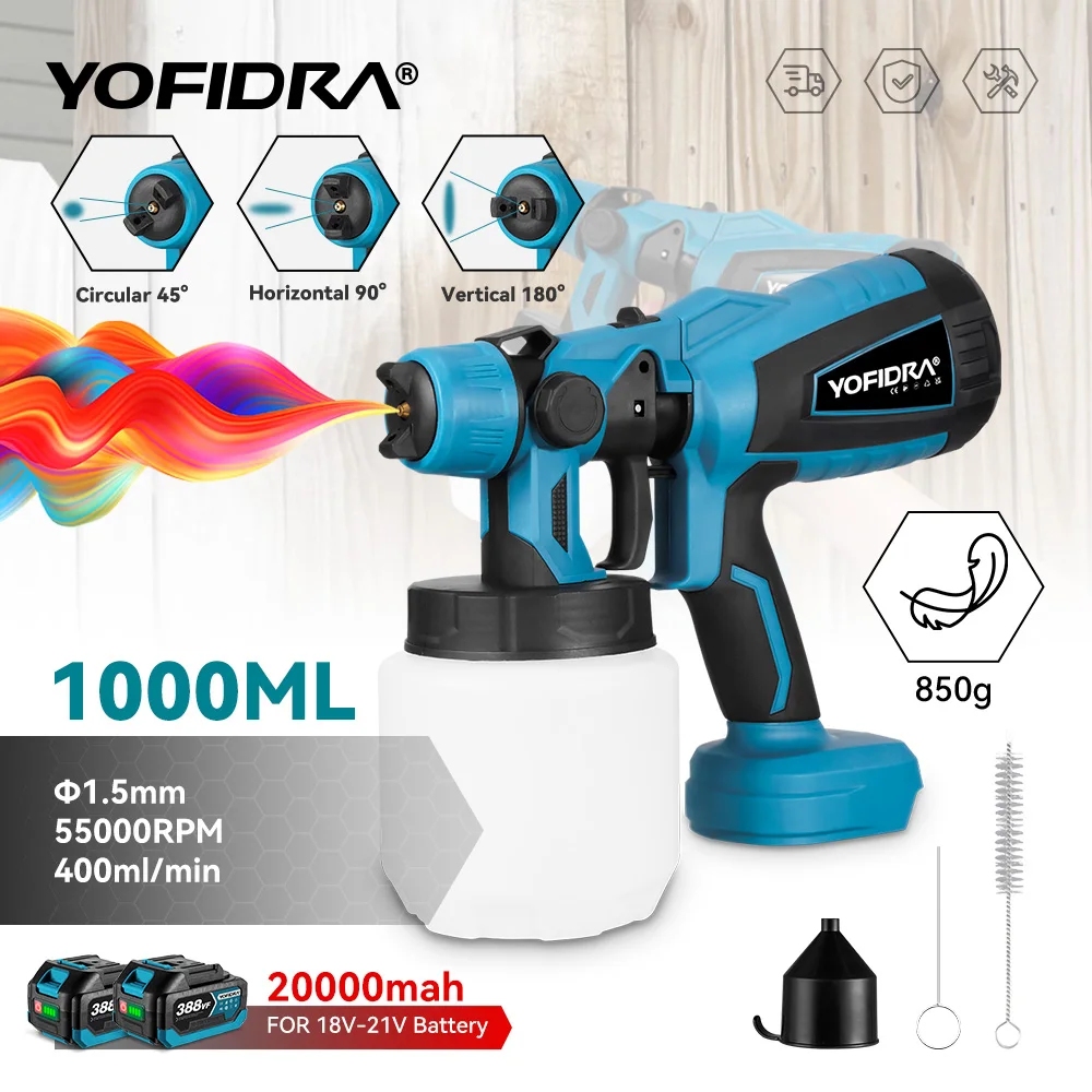 YOFIDRA 1000ML Elektrische Spritzpistole Leistungsstarke Tragbare Farbspritzgerät Schnurlose Auto
