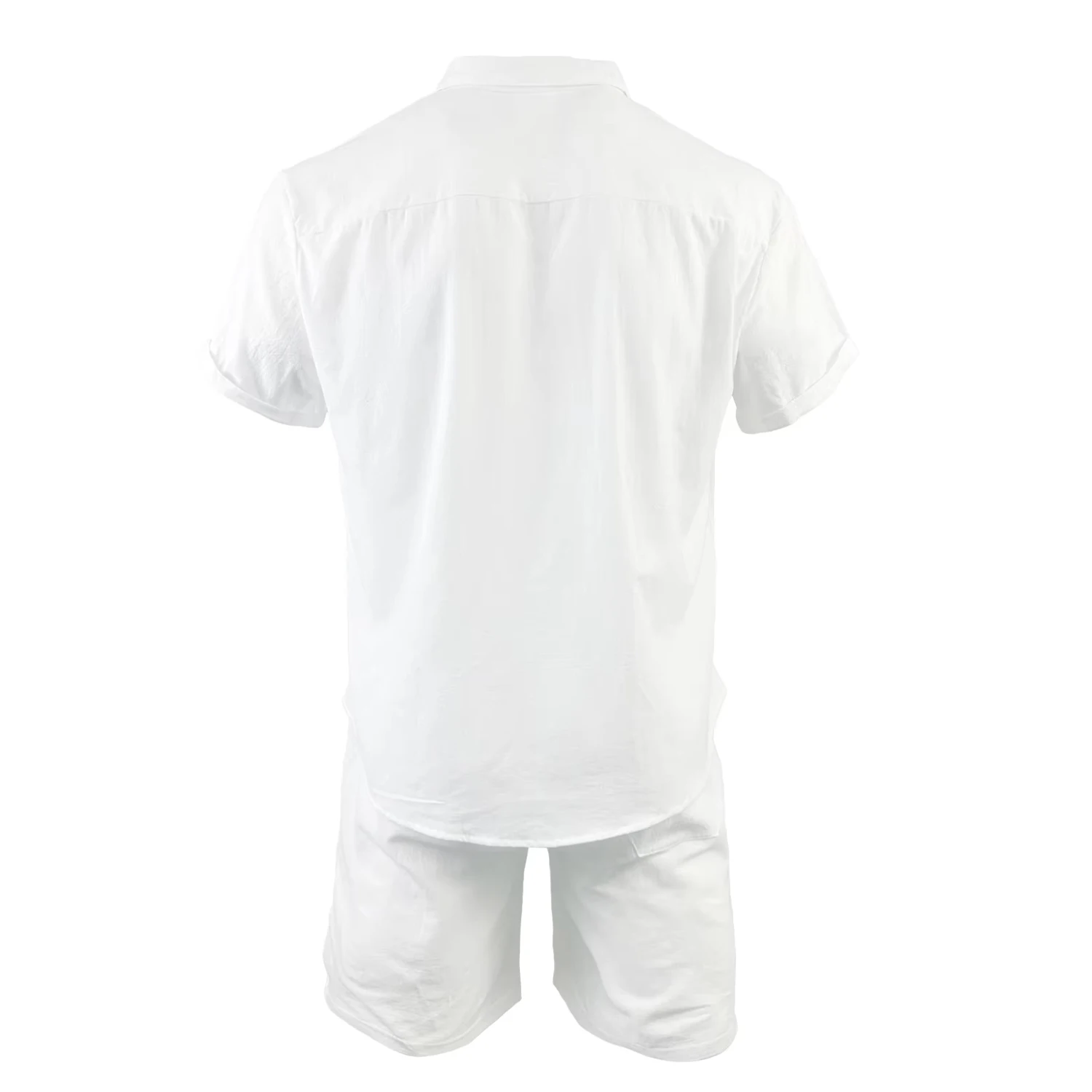 Cotton Linen Shirt Set Men\'s Hawaii Pleated Pocketed Loose Cuban Collar Breathable Comfortable White Men Outdoor Leisure Set