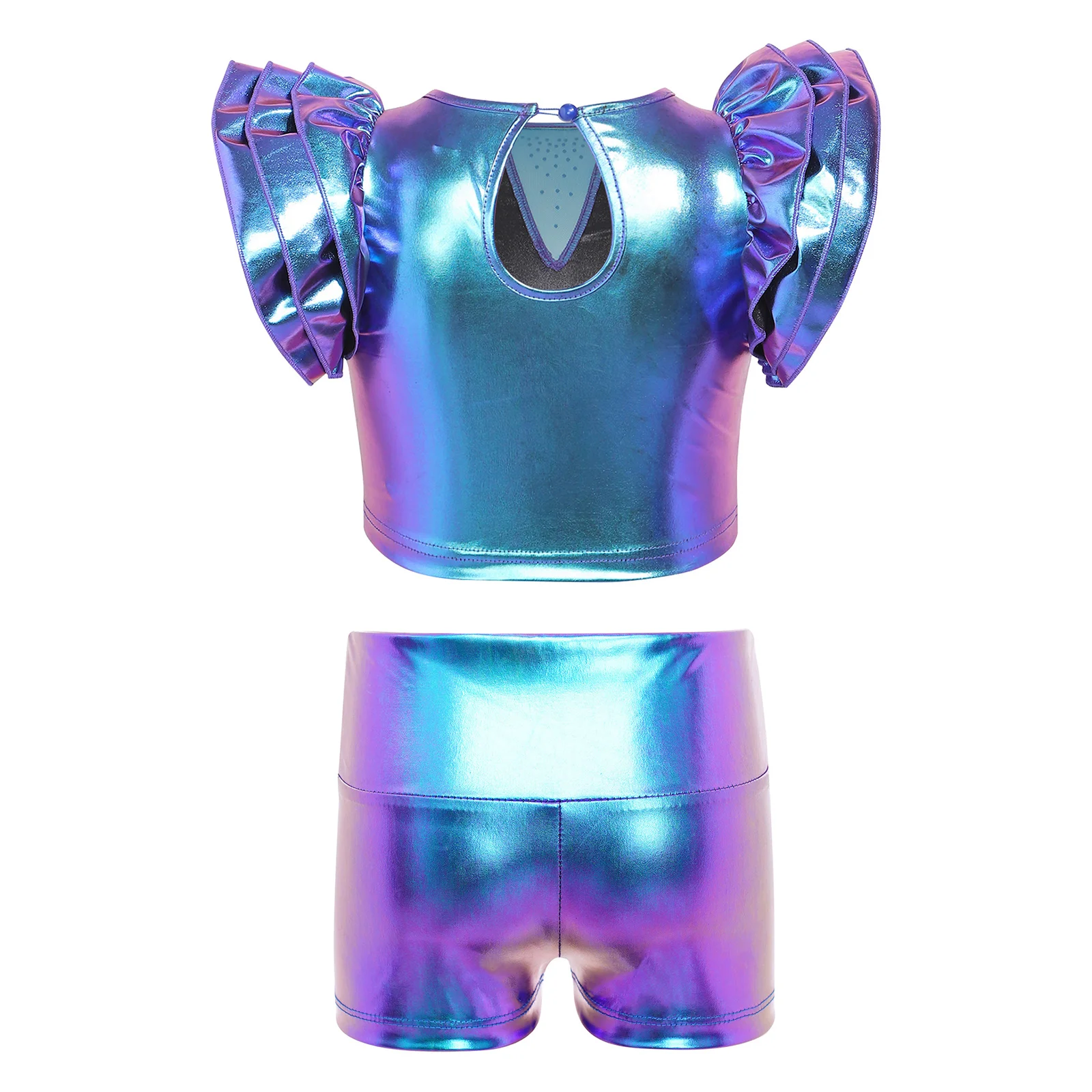 Kids Girls Jazz Hip-Hop Dance Outfit Streetwear Layered Ruffled Sleeves Metallic Crop Top with Shorts Cheerleading Costume Set
