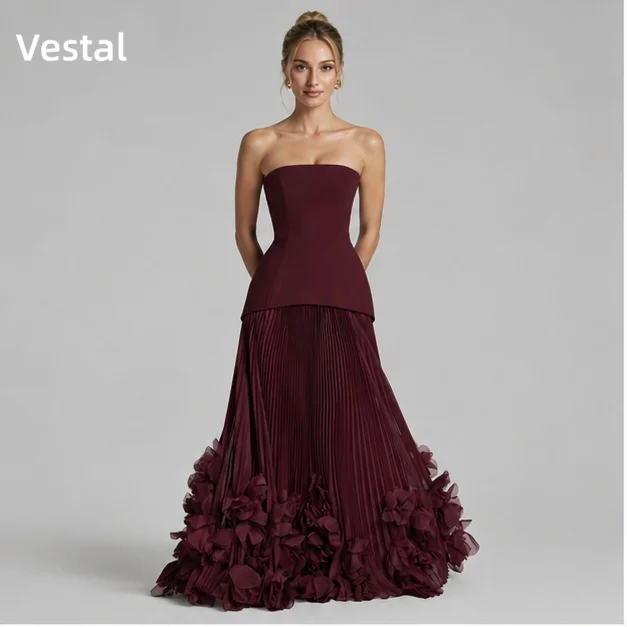 

Burgundy Strapless Pleated Prom Dress with Floral Formal Evening Dress for Women Wedding Guest Party Gown Customized