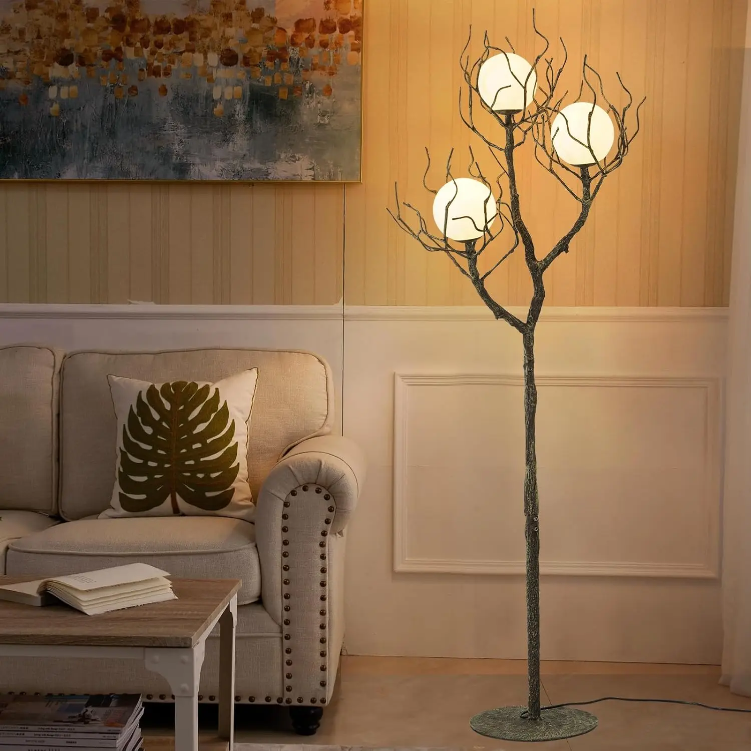 

63" Tree Branch Floor Lamp, 3-Light Moon Design, Resin & Metal, Gothic Farmhouse