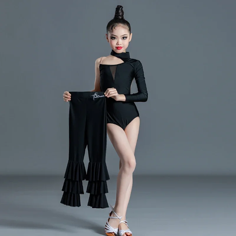 

Children Latin Dance Costums Kids Girls Black Backless Bodysuit Trousers Professional Competition Ballroom Practice Dancewear