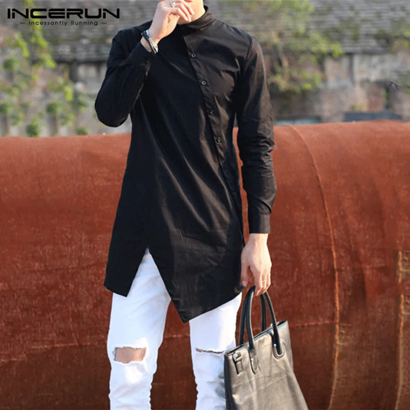 INCERUN Men's Irregular Shirt Solid Color Stand Collar Long Sleeve Casual Men Clothing Vintage 2023 Streetwear Long Style Shirts