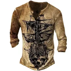 Vintage T-Shirt For Men Skull Graphic T Shirts Cotton 3D Print Henley Shirt Long Sleeve V-Neck Tees Oversized Male Clothing Tops