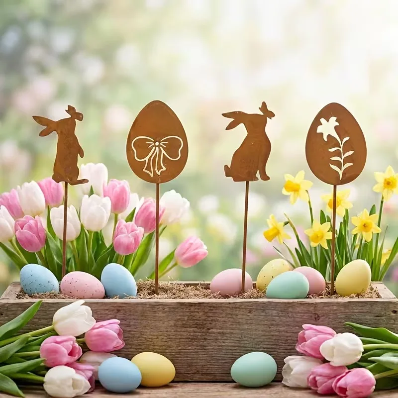 4Pcs Rusty Metal Easter Bunny Egg Garden Stake Rabbit Silhouette Lawn Flower Pot Decor